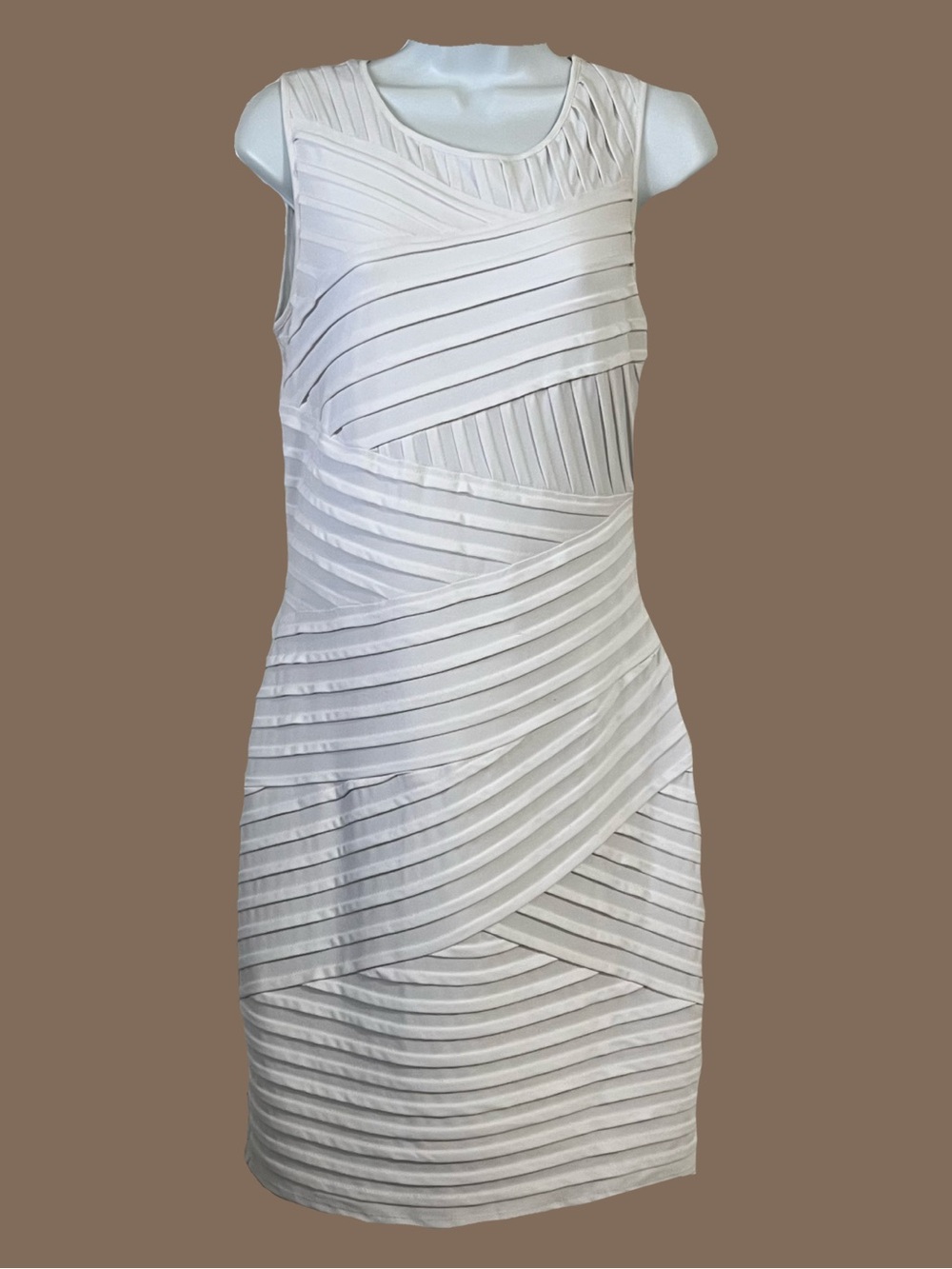 Calvin Klein White Sleeveless Bandage-Striped Sheath Dress